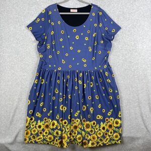 Popsy Sunflower Fit & Flare Dress Blue Womens 22 US 18 Whimsical Cottagecore